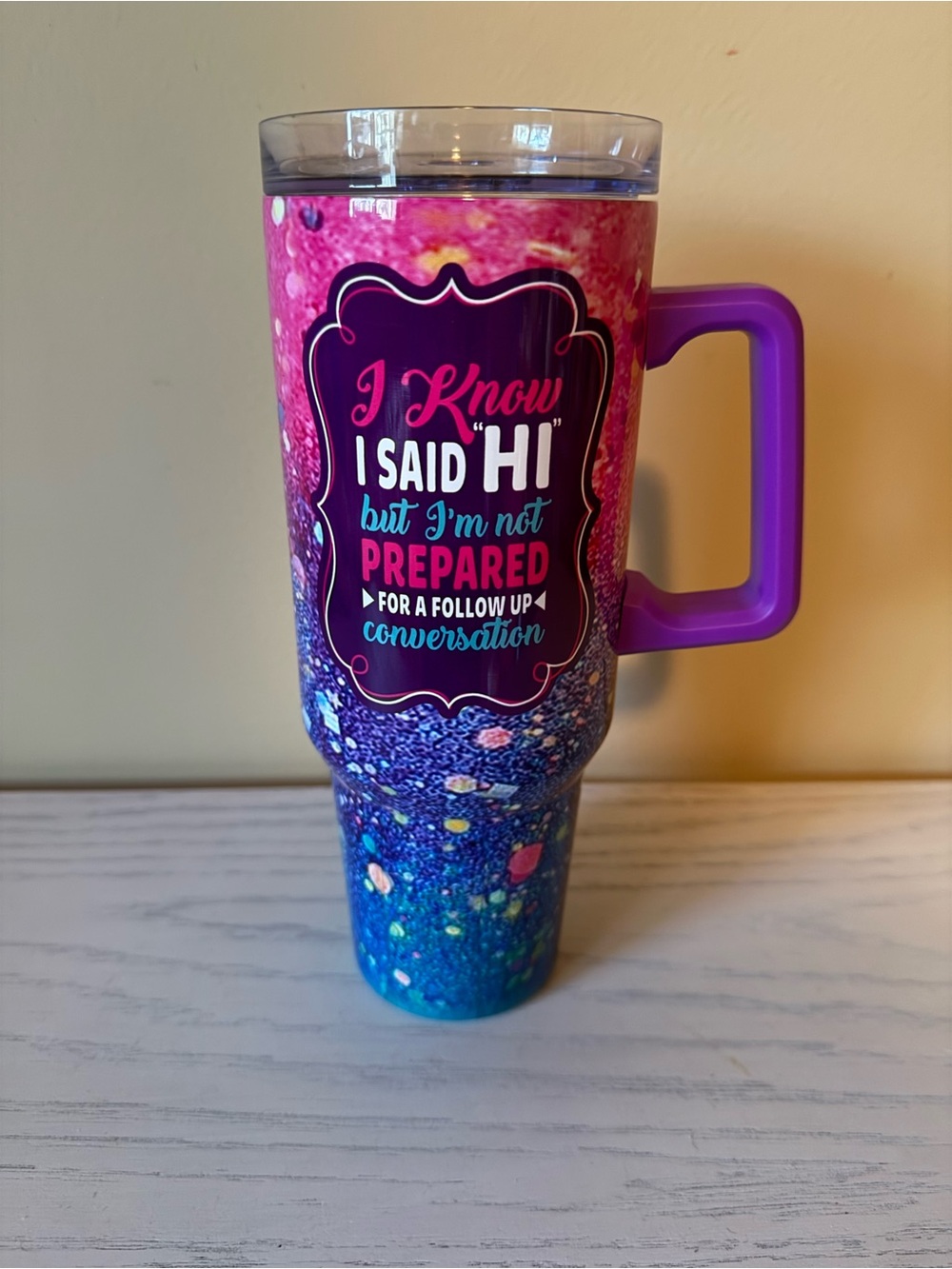 Colorful Quote Travel Tumbler with Purple Handle